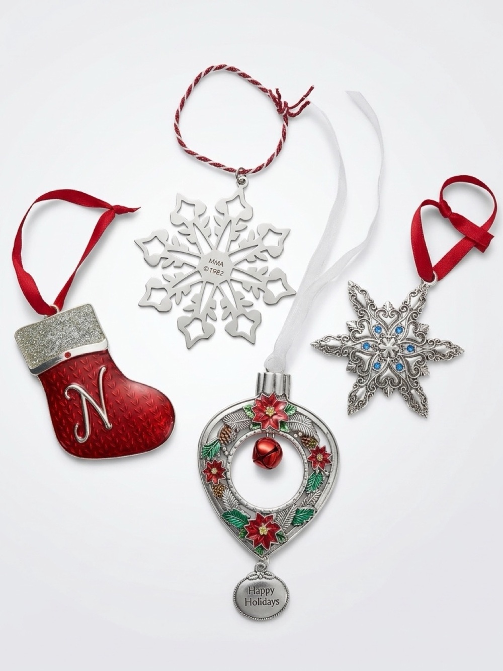 MMA, Harvey Lewis, Regent Square Ornaments 4 silver/crystal, VTG, ribbon, EUC